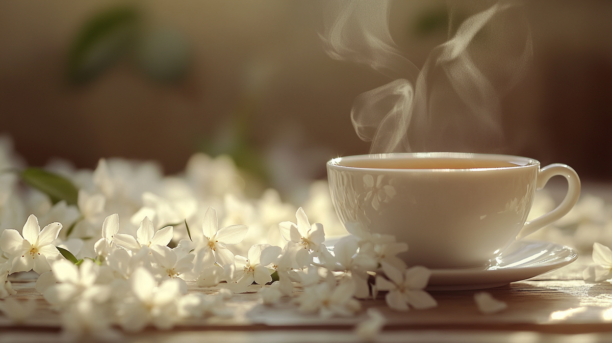 A steaming cup of best jasmine tea surrounded by fresh jasmine blossoms, highlighting the natural floral aroma of premium jasmine tea brands.