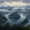 A panoramic view of the mist-covered peaks and winding rivers of Wuyi Mountain in Fujian, China, showcasing its natural beauty and lush vegetation.