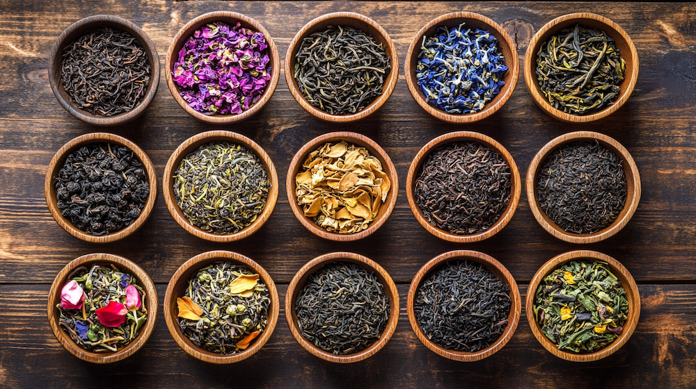 A top-down view of wooden bowls filled with a variety of organic loose leaf teas and herbal blends, arranged on a rustic wooden surface.