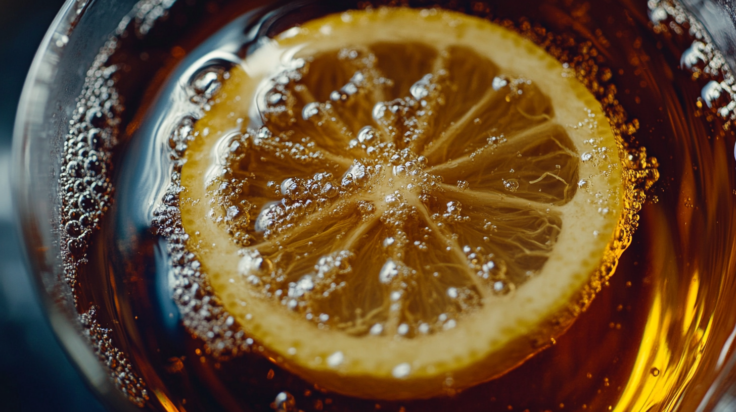 A warm cup of black tea with a slice of fresh lemon floating on top, showcasing the rich amber color of the tea and the vibrant yellow of the lemon. A perfect morning beverage to boost energy and improve health.