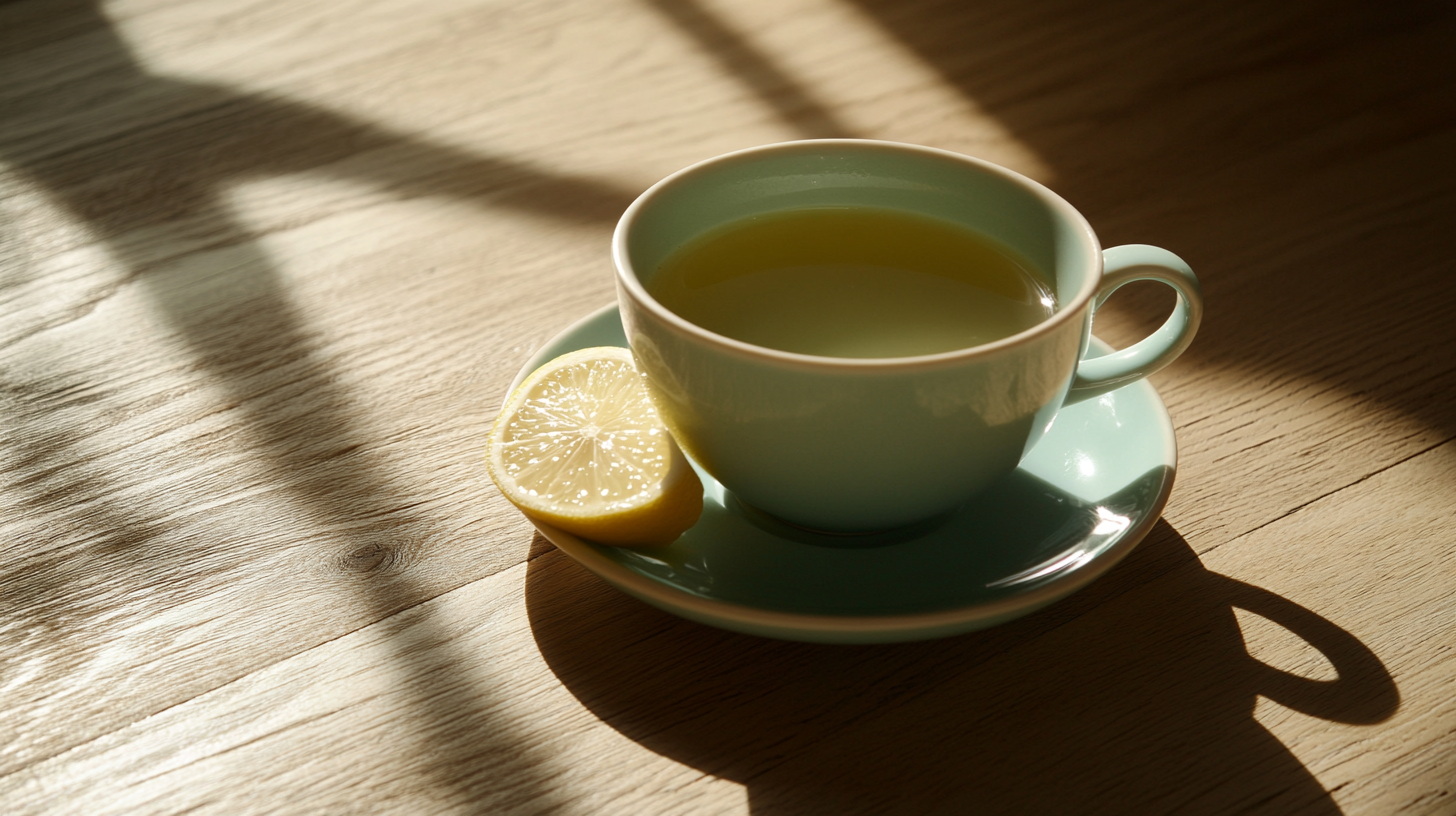 A warm cup of green tea with a fresh lemon slice on a wooden table, symbolizing its antioxidant properties for heart protection.