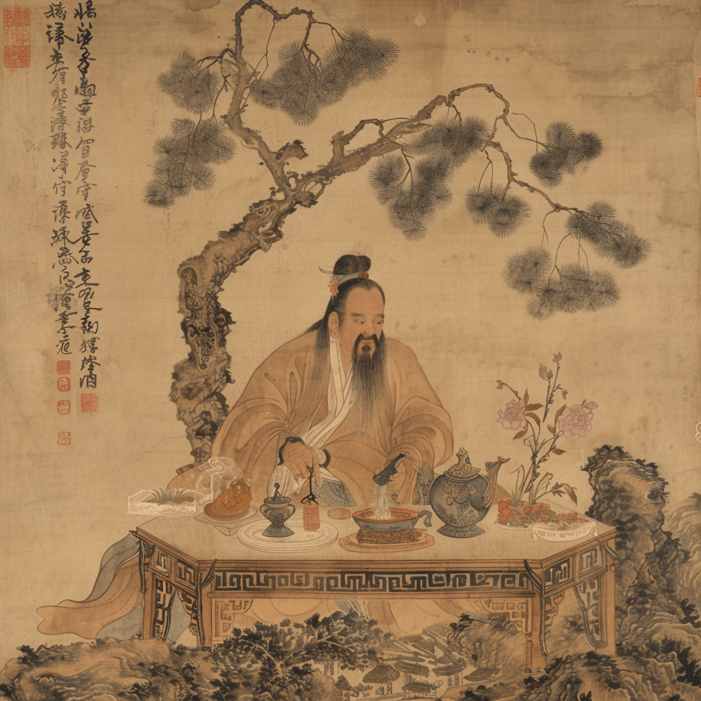 An ancient Chinese painting depicting Shen Nong, the legendary figure in Chinese mythology, known as the