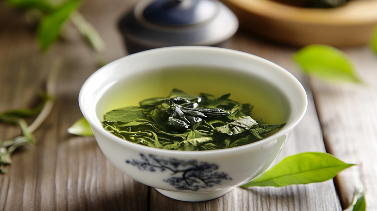 A close-up of a traditional Chinese porcelain teacup filled with freshly brewed loose leaf green tea. The vibrant green tea leaves float in the light golden-green infusion, with droplets of water clinging to the leaves.