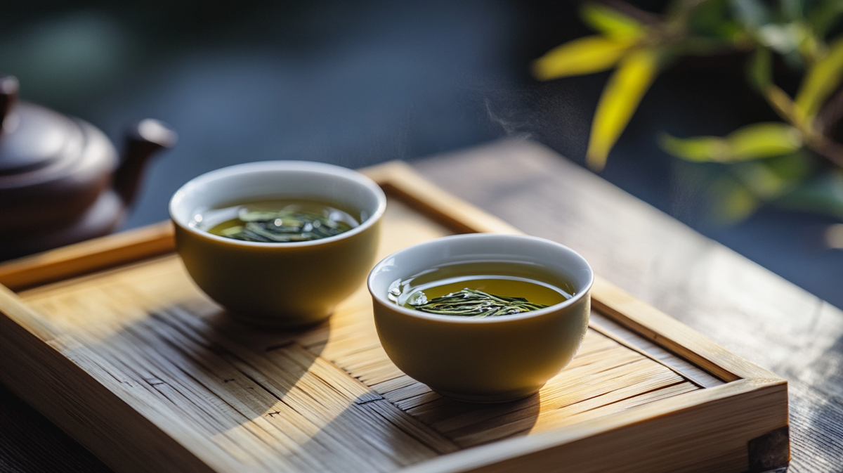 Two traditional Chinese ceramic tea cups filled with freshly brewed green tea, placed on a bamboo tea tray. The vibrant green tea leaves float in the warm infusion, with steam gently rising. A classic clay teapot sits in the softly blurred background.