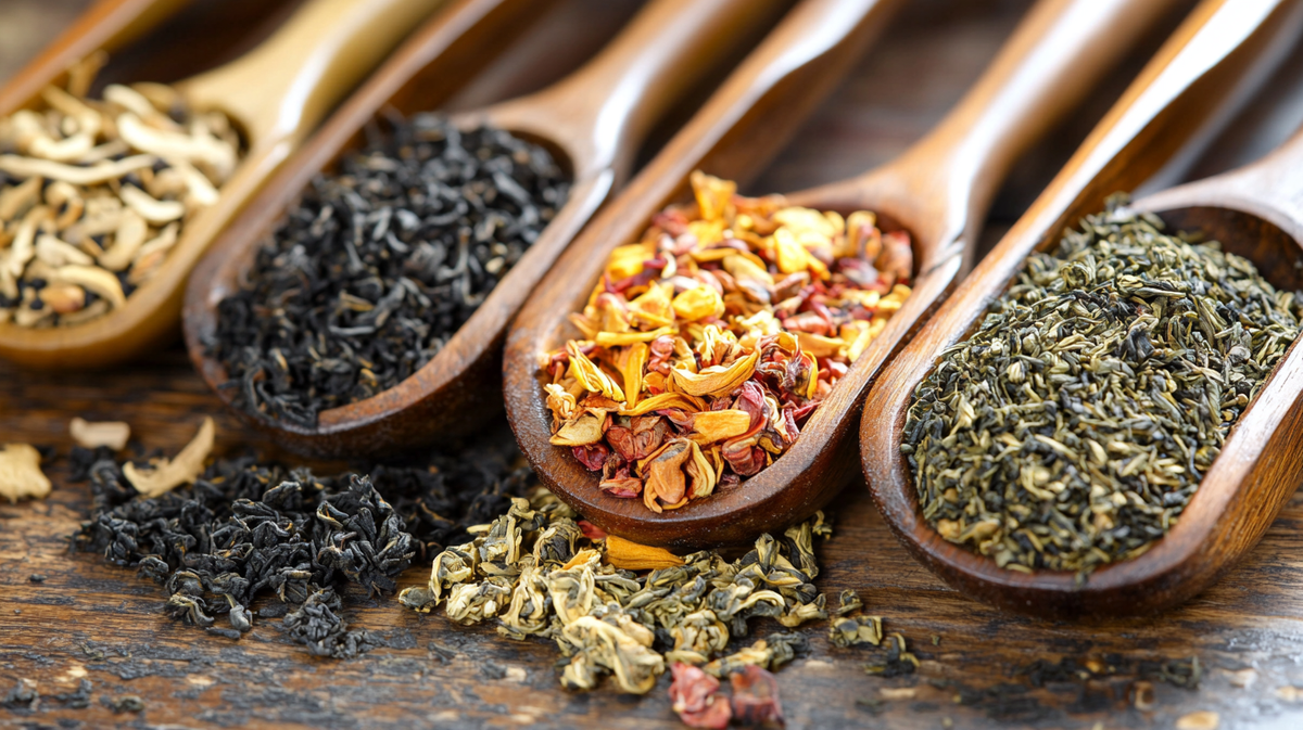 A close-up of various loose tea leaves and dried herbal blends in wooden spoons, arranged on a rustic wooden surface. The assortment includes black tea, green tea, and vibrant dried flower petals, showcasing the natural diversity of tea used in traditiona