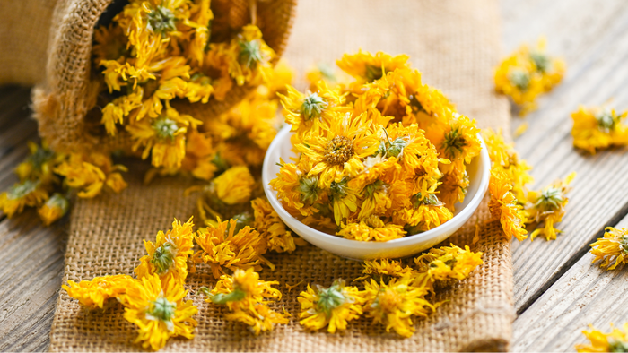 A burlap sack spilling vibrant dried chrysanthemum flowers onto a rustic wooden surface, with some blossoms gathered in a small white bowl, ready to be brewed into refreshing chrysanthemum tea.