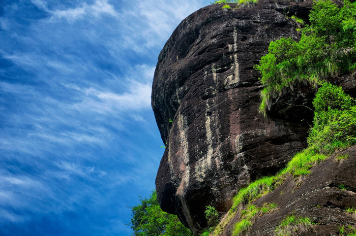 A breathtaking view of the rugged terrain in the Wuyi Mountains, showcasing the unique rocky formations and lush greenery that contribute to the distinct terroir of Wuyi Rock Oolong Tea.