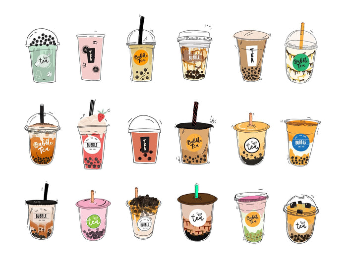 A collection of hand-drawn bubble tea illustrations featuring various flavors, toppings, and cup designs, showcasing colorful and creative boba tea varieties.