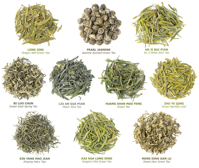 A selection of Chinese green tea varieties, including Longjing, Bi Luo Chun, Huang Shan Mao Feng, and more, displayed in their dry leaf form.