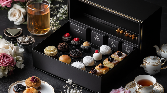 A luxurious afternoon tea gift box elegantly presented with an assortment of gourmet pastries, chocolates, and premium teas.
