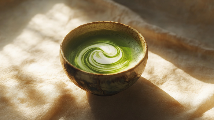 A beautifully crafted bowl of matcha latte with a delicate swirl of milk foam, bathed in warm sunlight on a soft, textured fabric. The vibrant green color highlights the rich, earthy essence of traditional matcha.