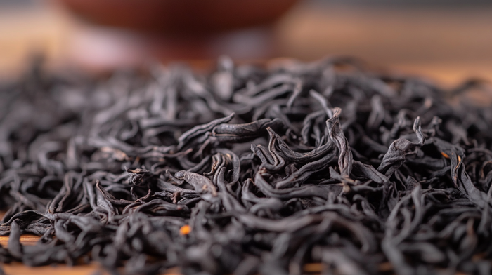 A close-up of loose Chinese black tea leaves, showcasing their dark, twisted appearance and rich texture. The deep black color and delicate curls highlight the high quality and careful processing of traditional China black tea.
