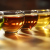 A close-up shot of different tea liquors in glass cups arranged in a row—ranging from pale green (green tea) to amber (oolong) to deep red-brown (Pu-erh), with light shining through to show their clarity and brilliance.