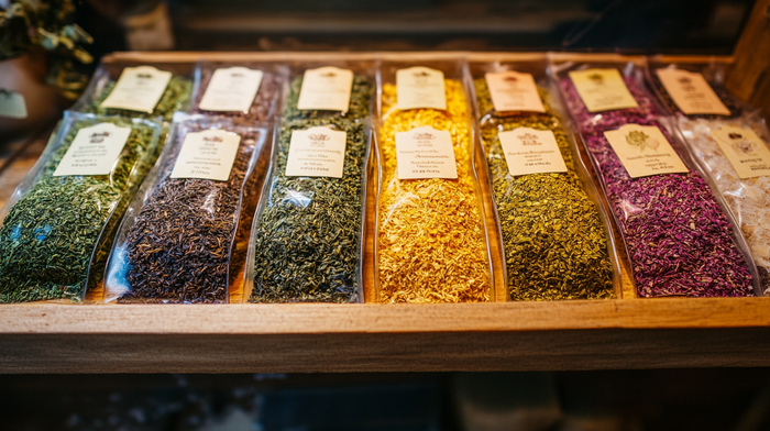 A wooden display shelf featuring a variety of packaged flavored green tea blends. The clear plastic bags reveal different types of loose-leaf tea, including green, black, and herbal infusions in vibrant colors like yellow and purple.