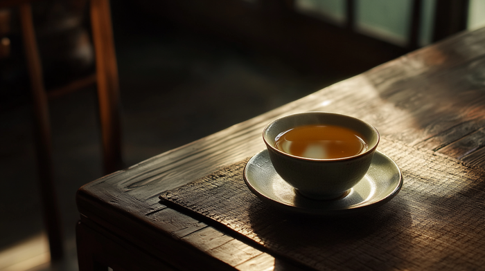 Warm cup of tea on a rustic wooden table, bathed in soft, golden sunlight.