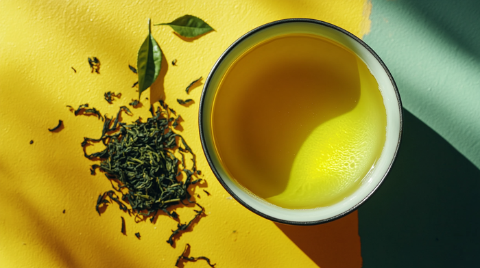 A cup of freshly brewed green tea with loose green tea leaves beside it. Perfect for illustrating its antioxidant-rich benefits for clear and glowing skin.