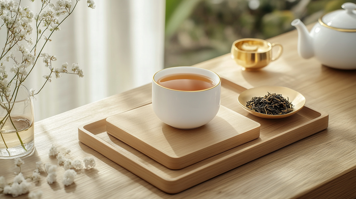 A minimalist luxury tea set displayed with elegant designer packaging, loose leaf tea, and a gold-trimmed teacup on a wooden tray.