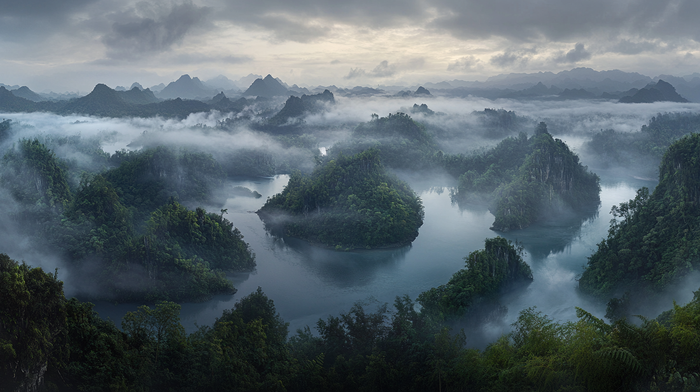 A panoramic view of the mist-covered peaks and winding rivers of Wuyi Mountain in Fujian, China, showcasing its natural beauty and lush vegetation.