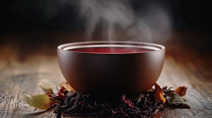 A steaming cup of black red tea in a traditional ceramic cup, surrounded by loose tea leaves--highlighting the deep color and rich aroma of authentic black and red tea.