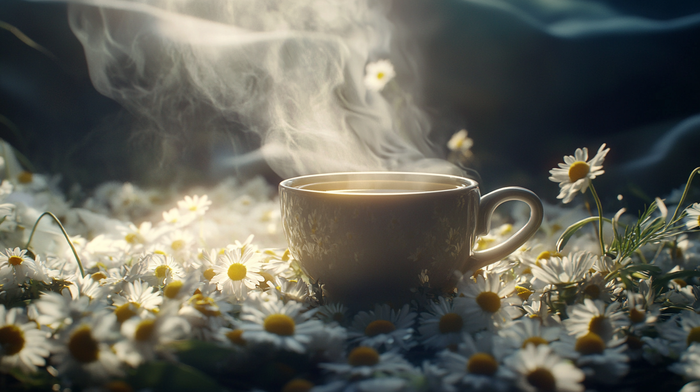 A steaming cup of chamomile tea surrounded by fresh chamomile flowers, highlighting its natural calming and caffeine-free properties perfect for relaxation.