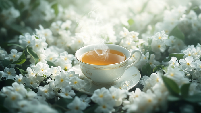 A steaming cup of jasmine tea surrounded by fresh jasmine blossoms, capturing the delicate aroma and floral essence of scented tea.