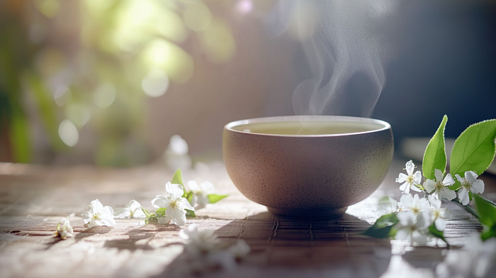 Steaming cup of jasmine green tea with gentle floral aroma rising, perfect for a calm caffeine boost.