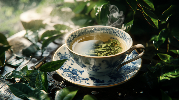 Steaming cup of freshly brewed loose leaf green tea in an elegant blue and white porcelain cup, surrounded by vibrant green tea leaves, capturing the essence of organic tea purity.