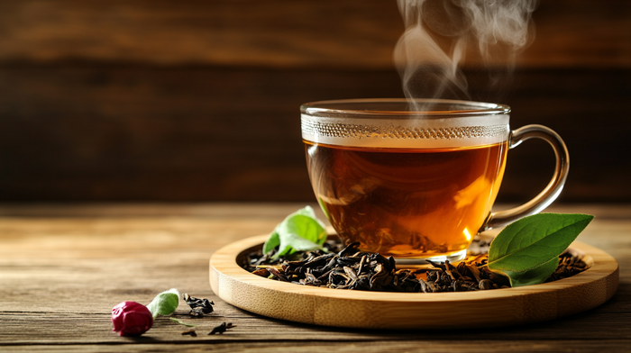 A steaming cup of organic loose leaf tea in a clear glass cup, placed on a wooden tray with dried tea leaves, fresh green tea leaves, and a rosebud—showcasing the richness of the best organic teas for health and wellness.