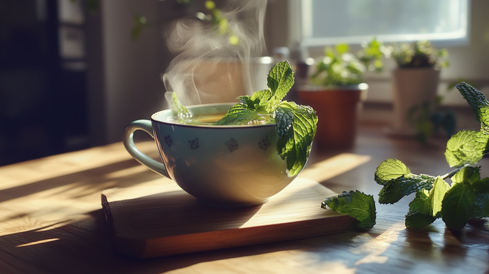A steaming cup of peppermint tea with fresh mint leaves on a wooden surface. Perfect for soothing bloating and relieving gas.