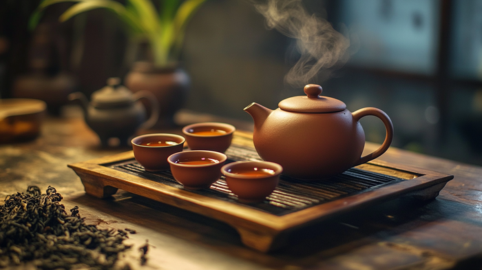 A traditional Chinese tea set arranged for a ceremony, with a clay teapot and small cups on a wooden tray—symbolizing the elegance of the Chinese tea drinking ceremony.