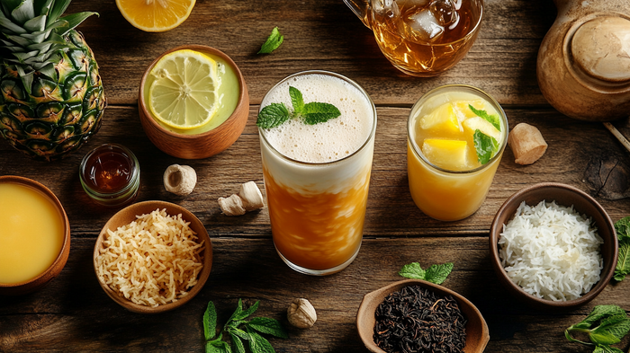 Flat-lay of oolong tea recipes, featuring drinks, rice, fresh pineapple, and vibrant garnishes on a rustic wooden table.