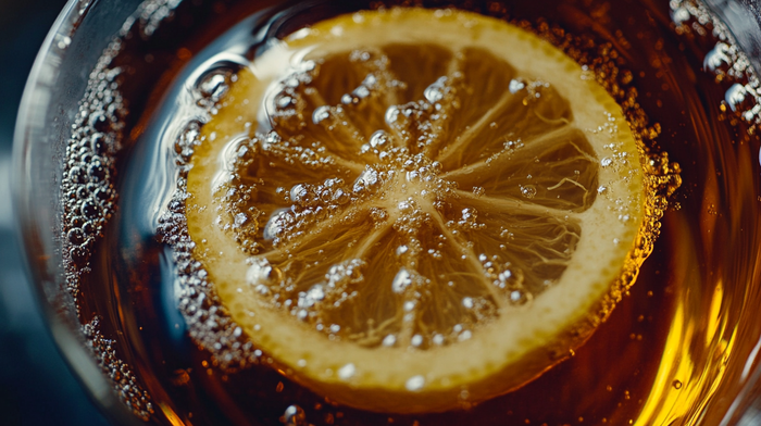 A warm cup of black tea with a slice of fresh lemon floating on top, showcasing the rich amber color of the tea and the vibrant yellow of the lemon. A perfect morning beverage to boost energy and improve health.