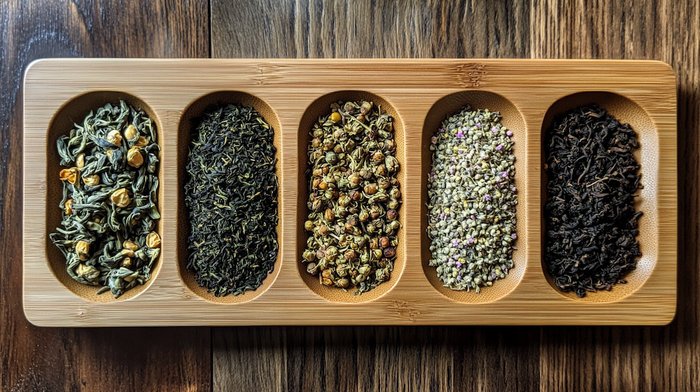 Assorted Loose Leaf Teas on a Bamboo Tray Top-down view of different types of loose leaf tea--green, black, oolong, and flower--neatly displayed on a bamboo tea tray.