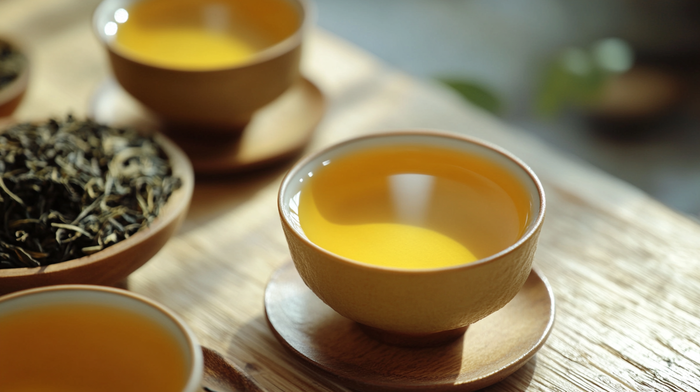 A close-up of traditional ceramic cups filled with golden yellow tea, placed on a wooden tray. In the background, a bowl of loose tea leaves adds to the warm and inviting tea-drinking atmosphere.