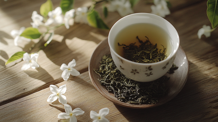 Cup of decaf jasmine green tea on a wooden table with jasmine flowers and tea leaves