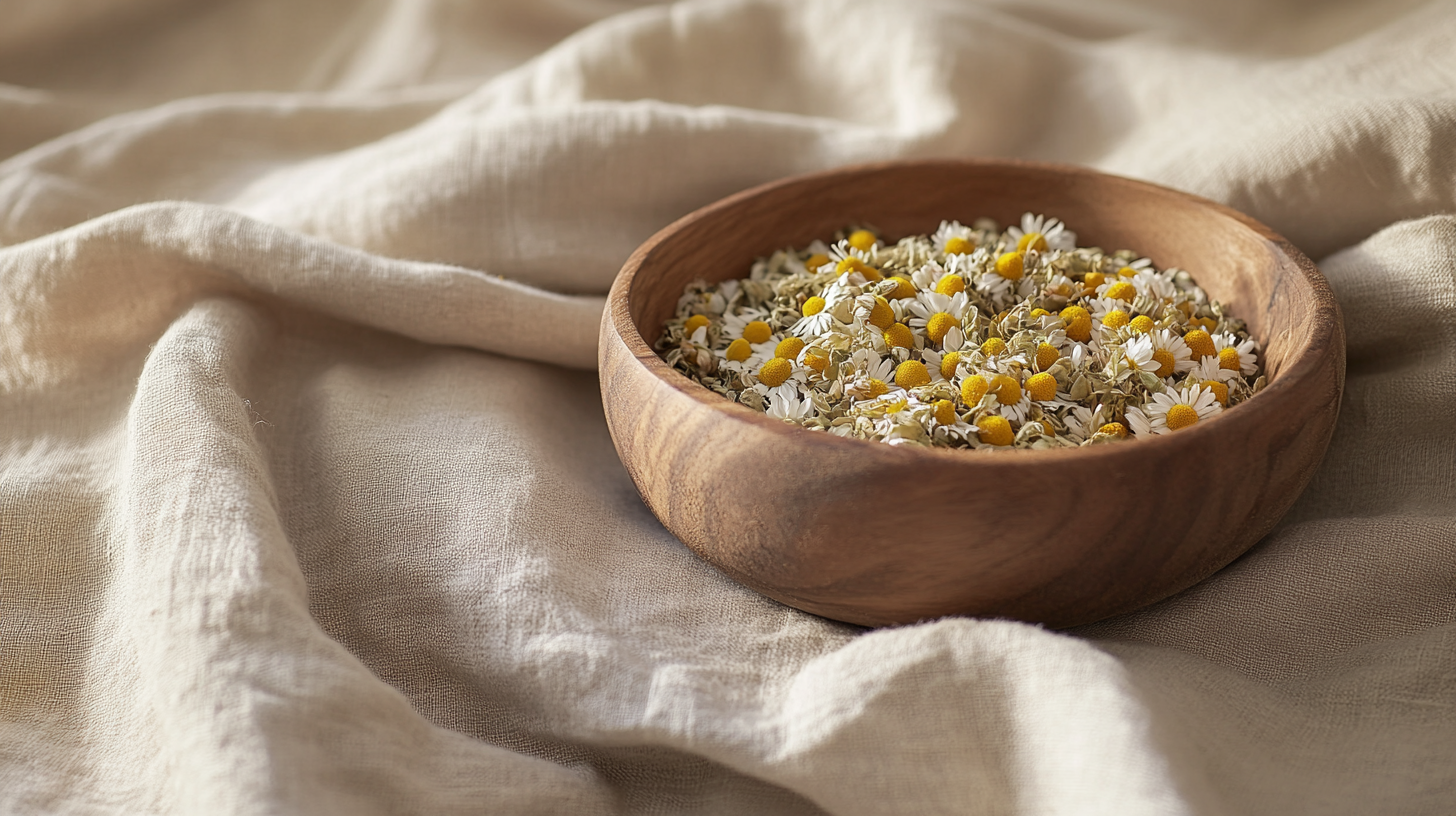 Dried chamomile flowers and loose leaf tea in a wooden bowl on a calming beige cloth