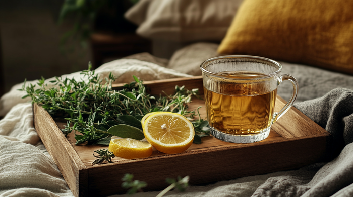 Glass cup of slimming tea on a wooden tray with fresh herbs and lemon slices