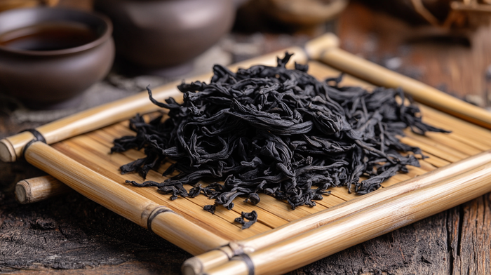 Glossy black Anhua dark tea leaves with tight, twisted shapes displayed on a traditional bamboo tray.