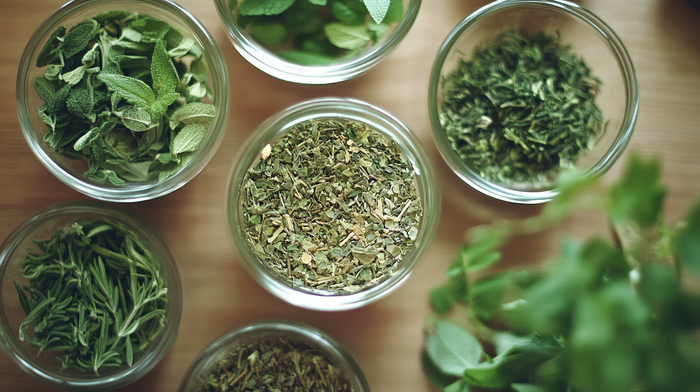A variety of dried herbal tea ingredients, including sage, rosemary, and green leaves, displayed in glass bowls, showcasing the natural freshness and diversity of herbal teas.