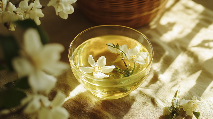 Glass cup of golden jasmine tea adorned with delicate jasmine blossoms, surrounded by soft sunlight and fresh flower petals.