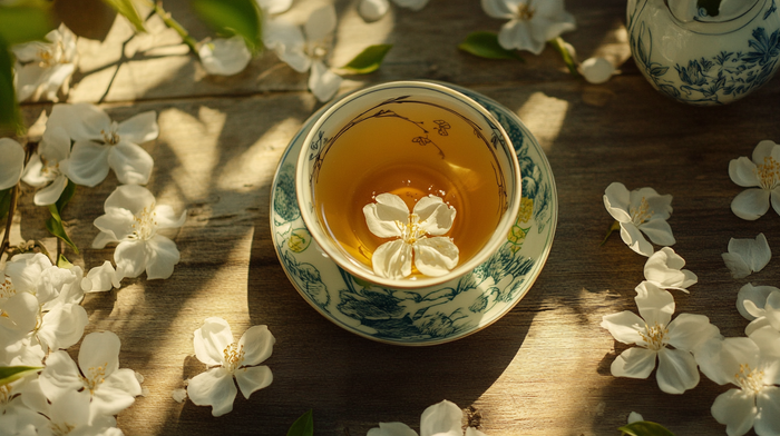 A delicate cup of blooming jasmine tea, surrounded by fresh jasmine flowers on a rustic wooden table, bathed in warm sunlight. The floating jasmine blossom enhances the tea’s natural fragrance and beauty.