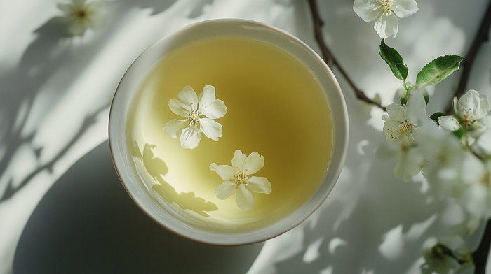 Delicate jasmine blossoms floating on the surface of a pale golden-green tea, bathed in soft natural light.