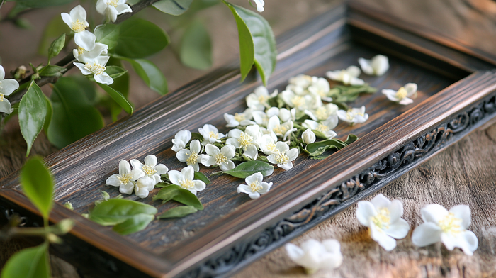 Loose leaf Chinese jasmine tea with fresh jasmine flowers on a wooden tea tray