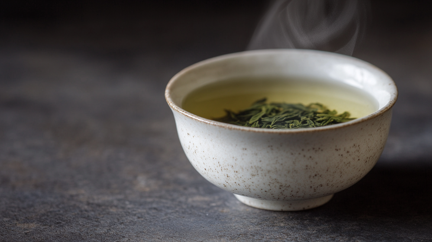 Loose leaf jasmine tea in a white porcelain cup with soft steam rising