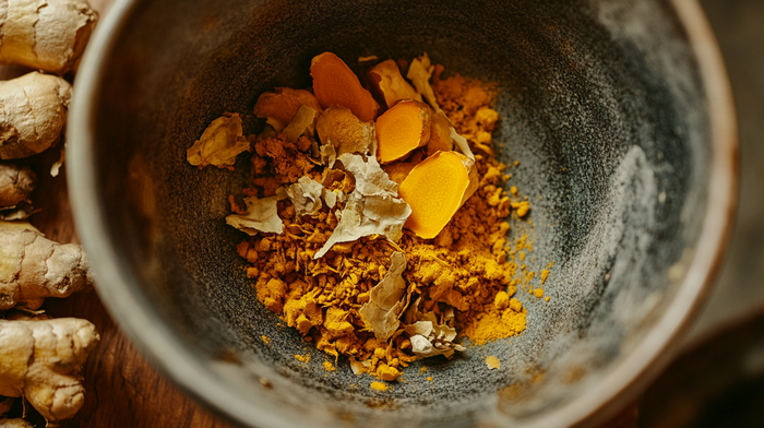 Loose leaf turmeric and ginger blend in a ceramic bowl