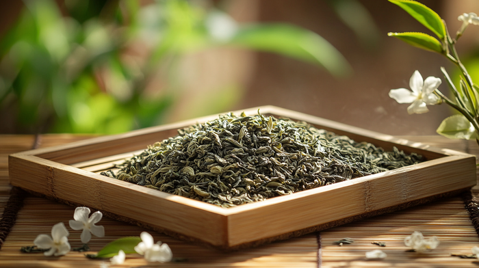 Plump, silvery green jasmine tea leaves mixed with dried jasmine petals displayed on a traditional bamboo tea tray.