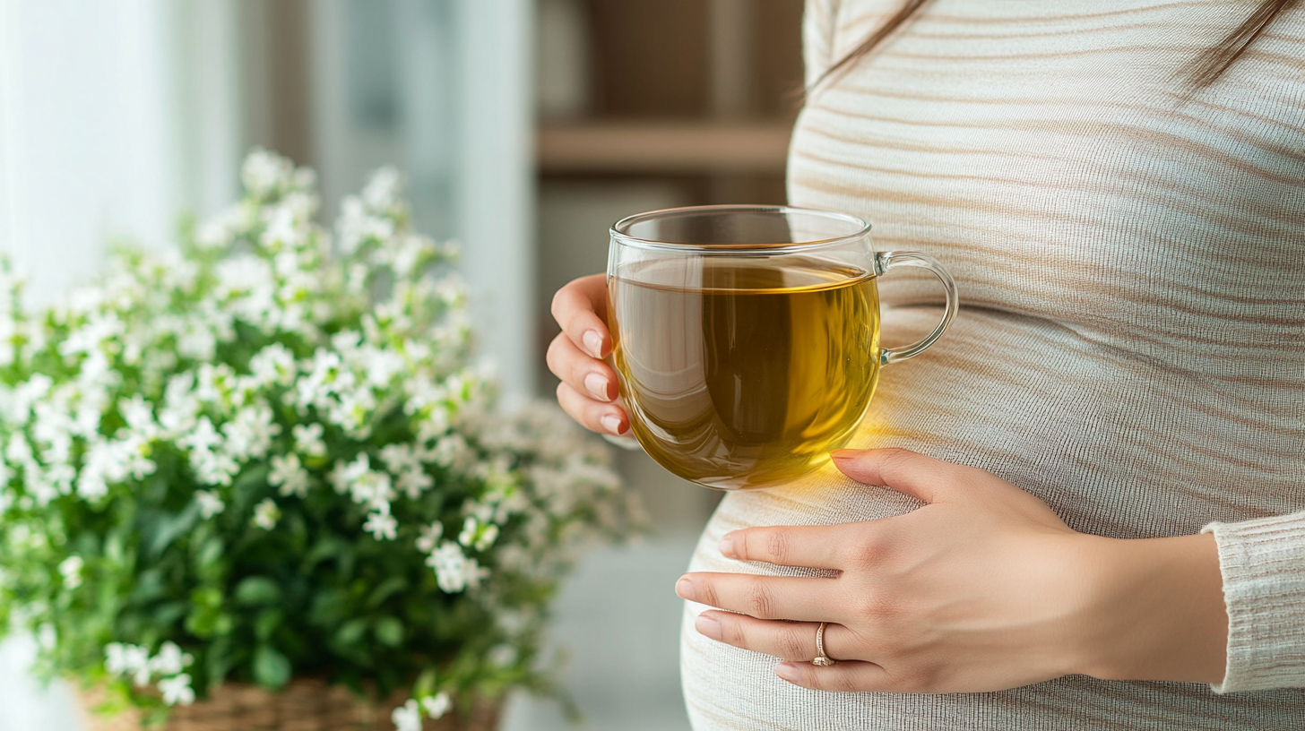 Pregnant woman holding a glass cup of jasmine tea with a blooming jasmine plant in the background