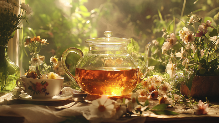 A glass teapot filled with golden herbal tea, surrounded by blooming chamomile flowers in a sunlit garden setting. A delicate floral teacup sits nearby, creating a warm and serene tea-drinking ambiance.