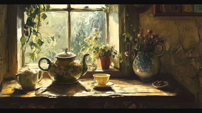 A cozy, sunlit table with a rustic teapot, teacup, and potted flowers by a window.