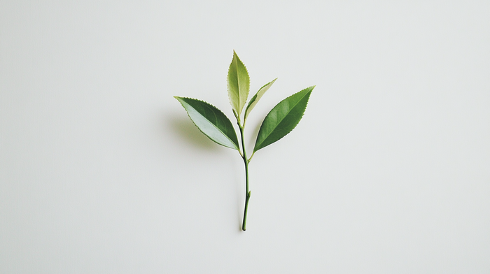 The image features a minimalist composition on a clean white background, showcasing a single fresh green tea sprig. The sprig has three vibrant leaves and a small bud, arranged naturally. Its simplicity highlights the purity and elegance of the tea plant,